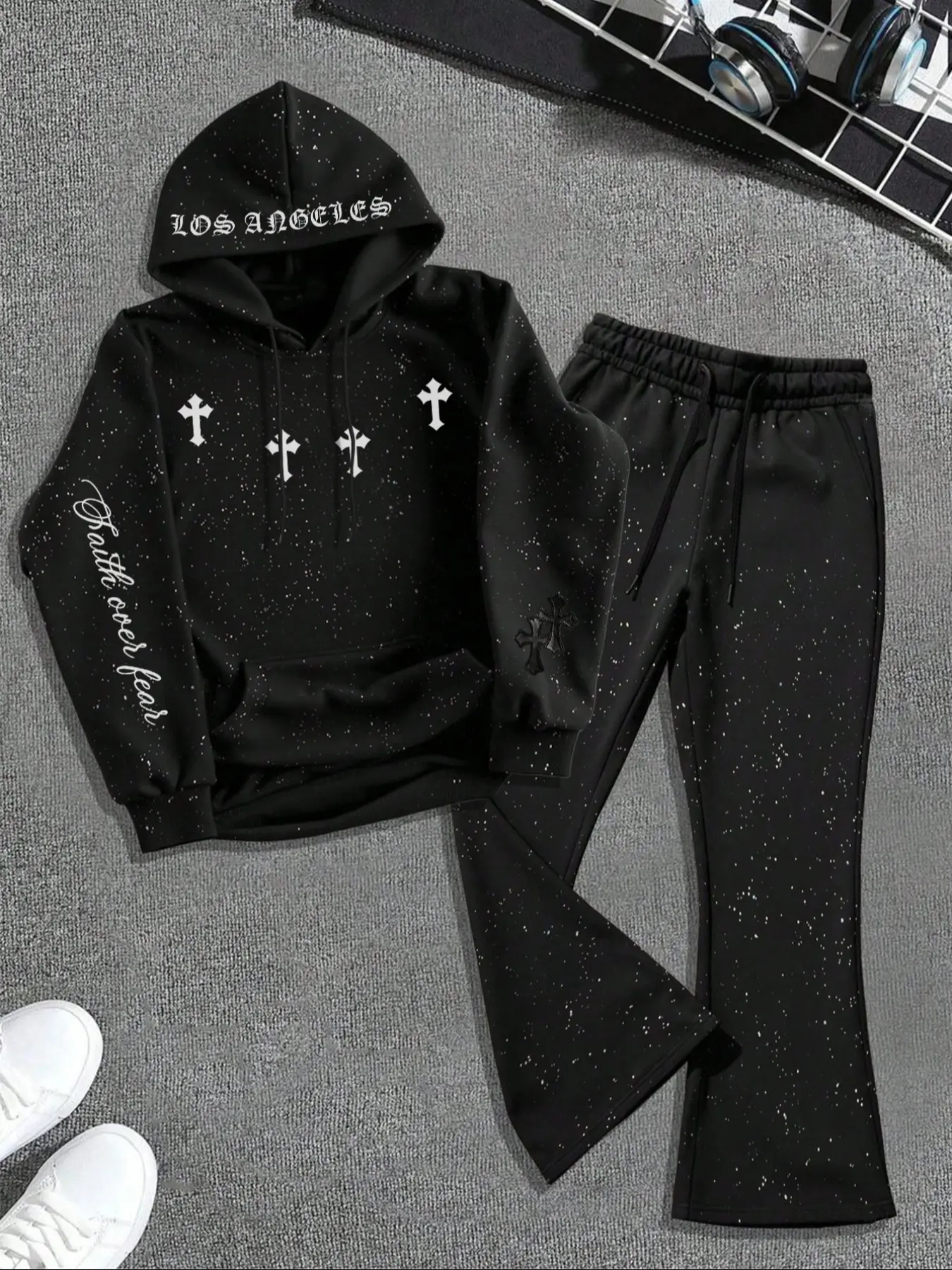 Men's Fall Winter Hoodie and Bell Bottoms Set, Long Sleeve Dark Gothic Cross Element Pullover Sweatshirt, Starry Sky Dyeing Process Design, Kangaroo Pocket, Suitable For Daily Vacation Outdoor Wear, Fall Outfits & Winter Outfits