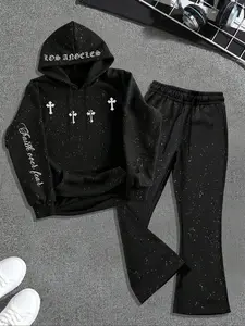 Men's Fall Winter Hoodie and Bell Bottoms Set, Dark Gothic Cross Element Pullover Sweatshirt, Starry Sky Dyeing Process Design, Kangaroo Pocket, Suitable For Daily Vacation Outdoor Wear, Fall Outfits & Winter Outfits