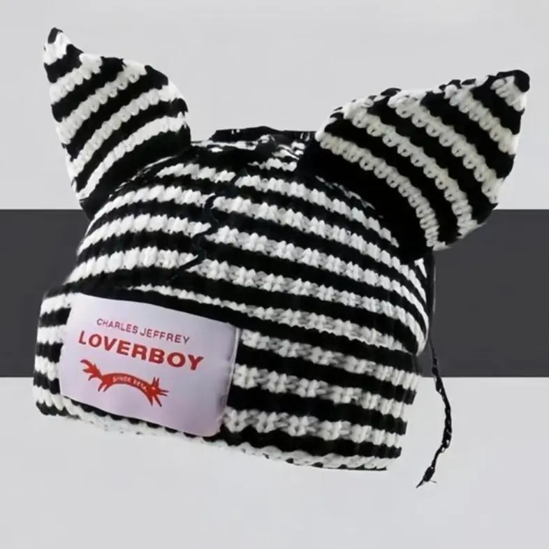 LOVERBOY Striped Cat Ears Beanie Hat - Funky Elastane One-Size Casual Fashion Hat, Soft Warm Stylish Unisex Accessory for Fall-Winter Anniversary & Engagement 2025, Acrylic