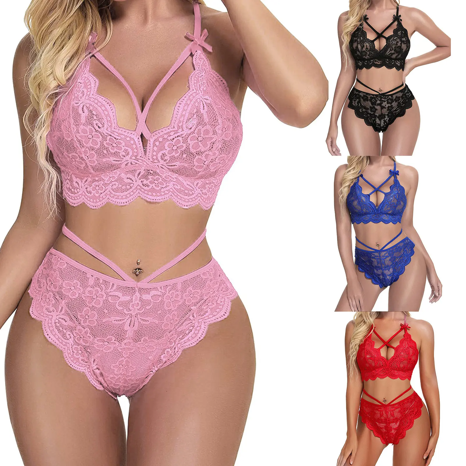 Sexy Sheer Floral Lace Pajamas Lingerie Set High Waist Sleepwear Bra and Panty 2 Piece Nightwear
