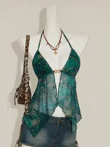 SOLEMN Allover Print Halter Neck Backless Asymmetric Hem Sexy Camisole