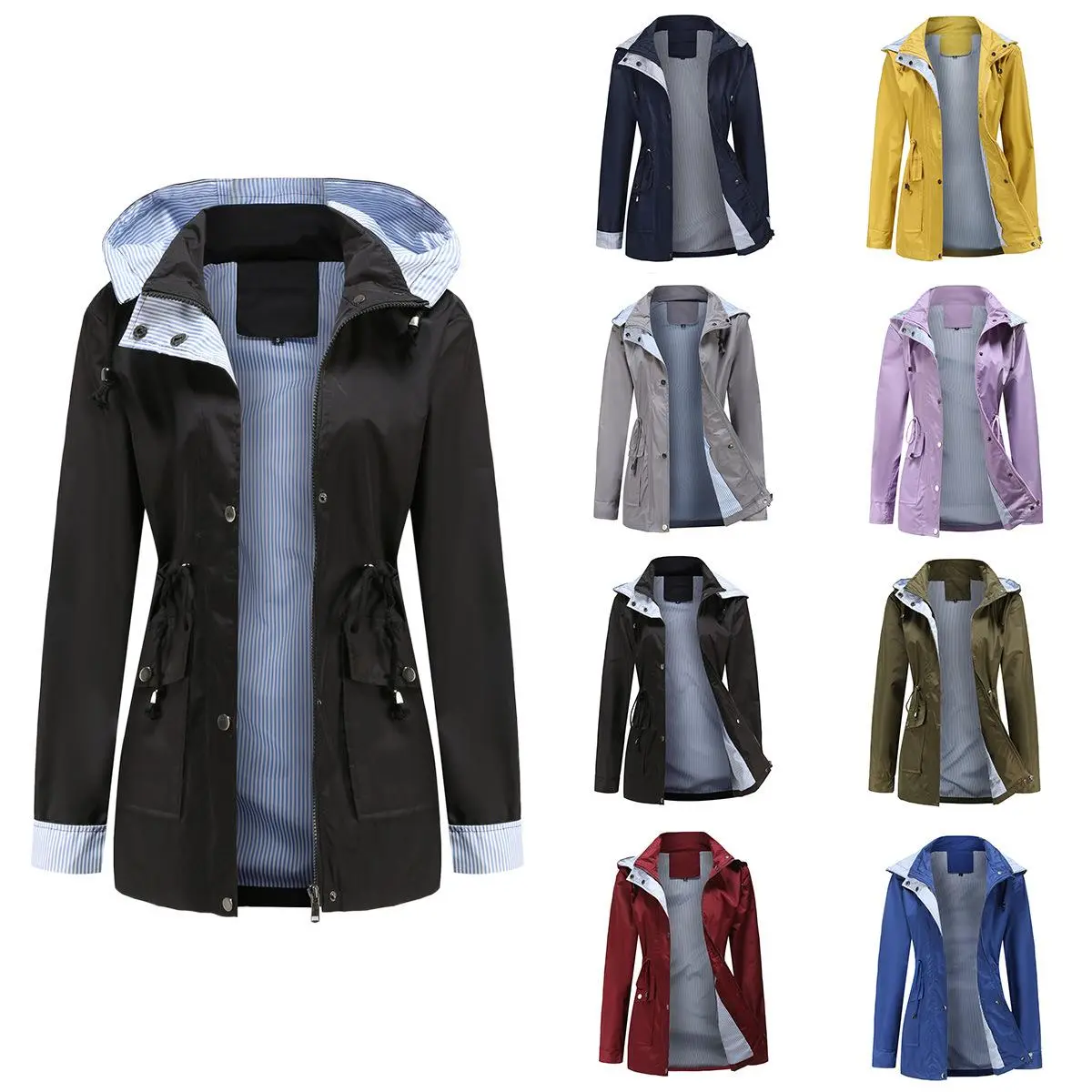 BIGWIG Women's Spring and Autumn Outdoor Jacket, Hooded Zipper Solid Color Coat, Windproof and Waterproof Hiking Jacket with Detachable Hood, Detachable Hood Windbreaker