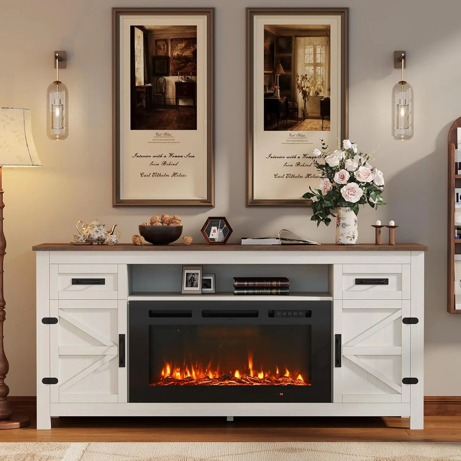 【2 Boxes Shipped At Different Times】Fireplace TV Stand with Barn Door for TVs up to 80" Farmhouse Entertainment Center with Storage Cabinets White TV Stand and Black Electric Fireplace 12 Flame Colors 12 Backlight Options Tv Console Table Wood Tv Console