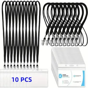 10pcs Badge Holder with Lanyard, Blue Lanyard for Horizontal ID Badges, Waterproof Reusable Transparent ID Case, Bulk Plastic Name Tag Lanyards