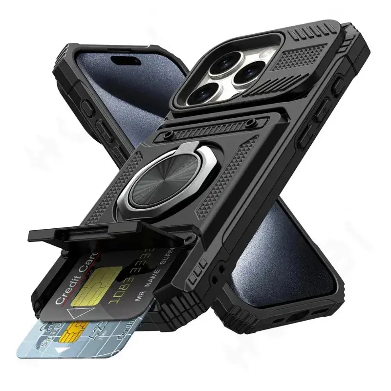Magnetic Stand Protective Phone Case with Rotatable Ring Kickstand, Heavy Duty Drop Protection, Card Holder for iPhone 16/15/14/13/12/11 Pro Max, XS, XR, 8/7 Plus - Wireless Accessories, Spooky Late Night Style, Metal, Wallet Cover