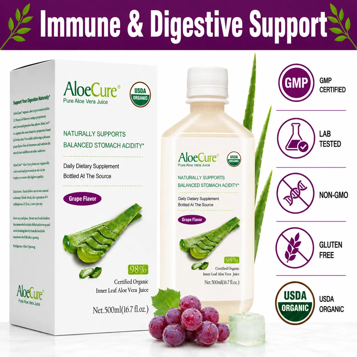 AloeCure USDA Organic Aloe Vera Juice Grape Flavor, Made Within 12 Hours of Harvest - Naturally Support Balanced Stomach Acidity, Digestive & Immune Health - 500ml Bottle Healthcare