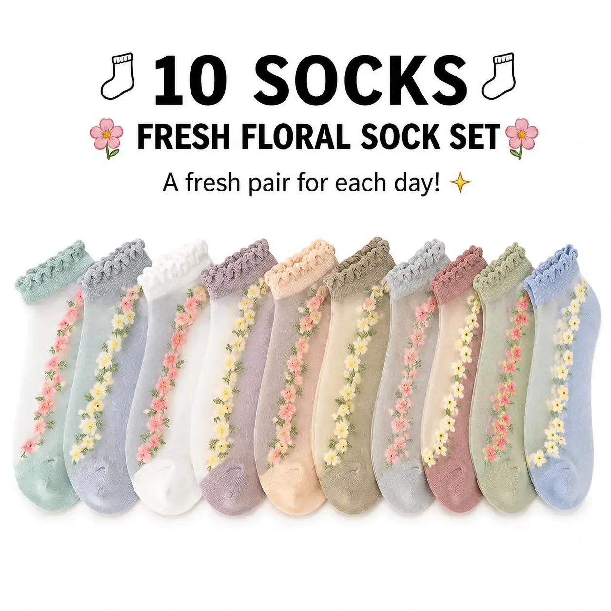 10-Pack Women’s Floral Lace Ankle Socks, Soft Sheer Mesh Ruffle Socks, Cute Breathable Summer Socks for Daily Outfits