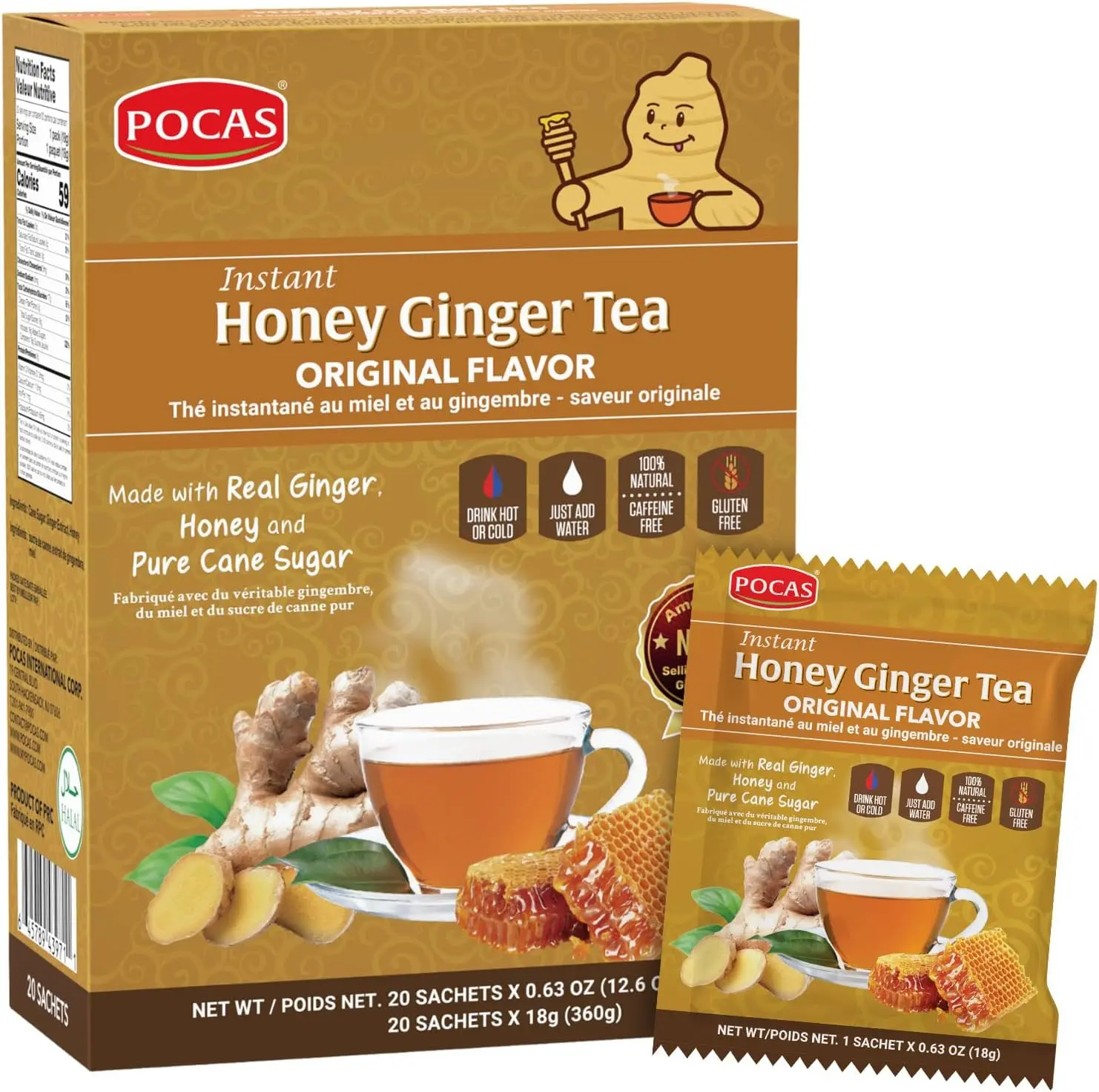 Pocas Honey Ginger Tea, Original, Instant Powder (20 Pack)