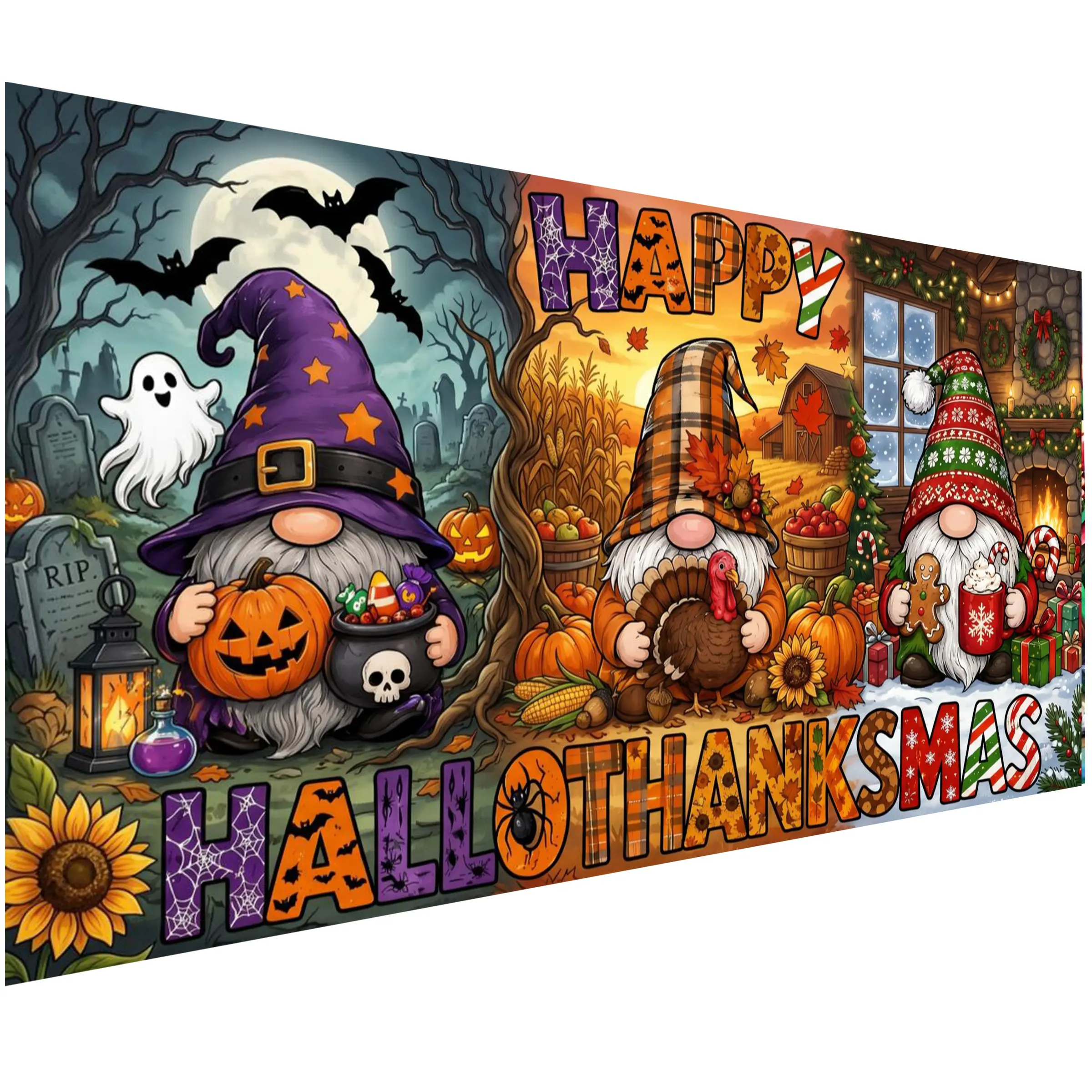 Triple Theme Hallothanksmas Gnome Diamond Art Kit - 15.7x31.5in Large Gem Mosaic DIY Holiday Craft, Cool Christmas Gifts, Cool Gifts for Adults, Hobbies Kit Adults