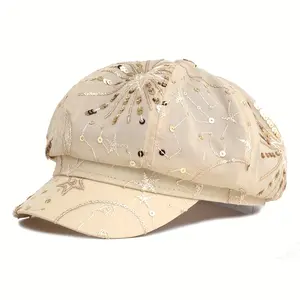 [Retro Beret Hat] Lightweight Retro Women's Y2K Painter Beret Hat |   Breathable Mesh Octagonal Sunshade Cap with Adjustable Drawstring, Star & Floral Embroidery, Packable Sun Hat for Beach, Outdoor, Mother's Day Gift, Beachwear Accessory, Texture