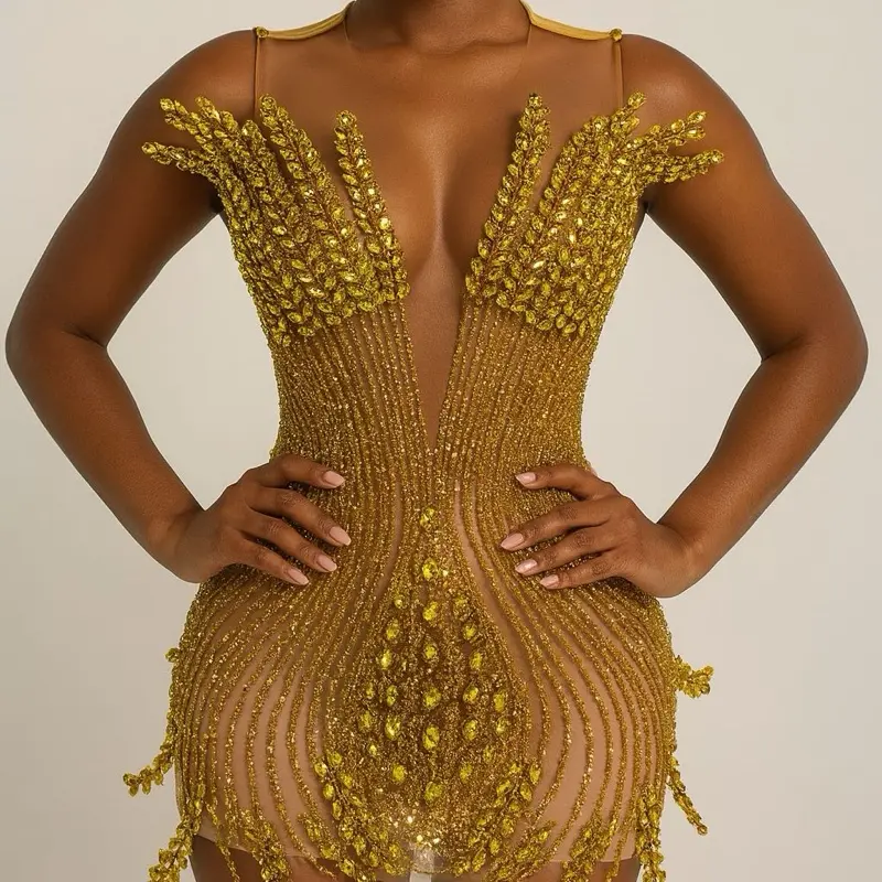 Golden Luxe Dress - Elegant Gold Color with Sparkling Detailing and Unique Design Features