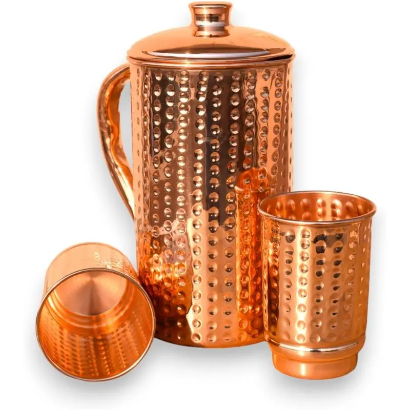Pure Copper Hammered Water Jug With 2 Tumblers Set - Pitcher Holds 50.7 US Fluid Ounce - Embrace Health Benefits With Premium Copper for Refreshing Hydration and Holistic Living