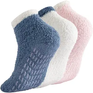 Non Slip Hospital Socks with Grips for Women - 3 Pairs Soft Warm Plush Sleeping Slipper Socks in Fluffy Womenswear - Home Improvement Fabric Fuzzy Basic Minimalist