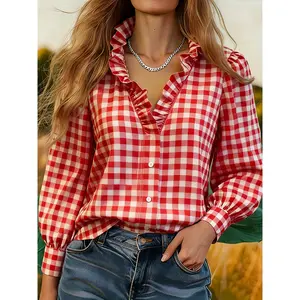Women's Vintage Red Gingham Print Cotton-Polyester Blend Fabric Blouse - Ruffle Collar, Button Front, Long Flutter Sleeves, Regular Cut, Casual-Dressy Fit, Holiday Shirt,summervibes