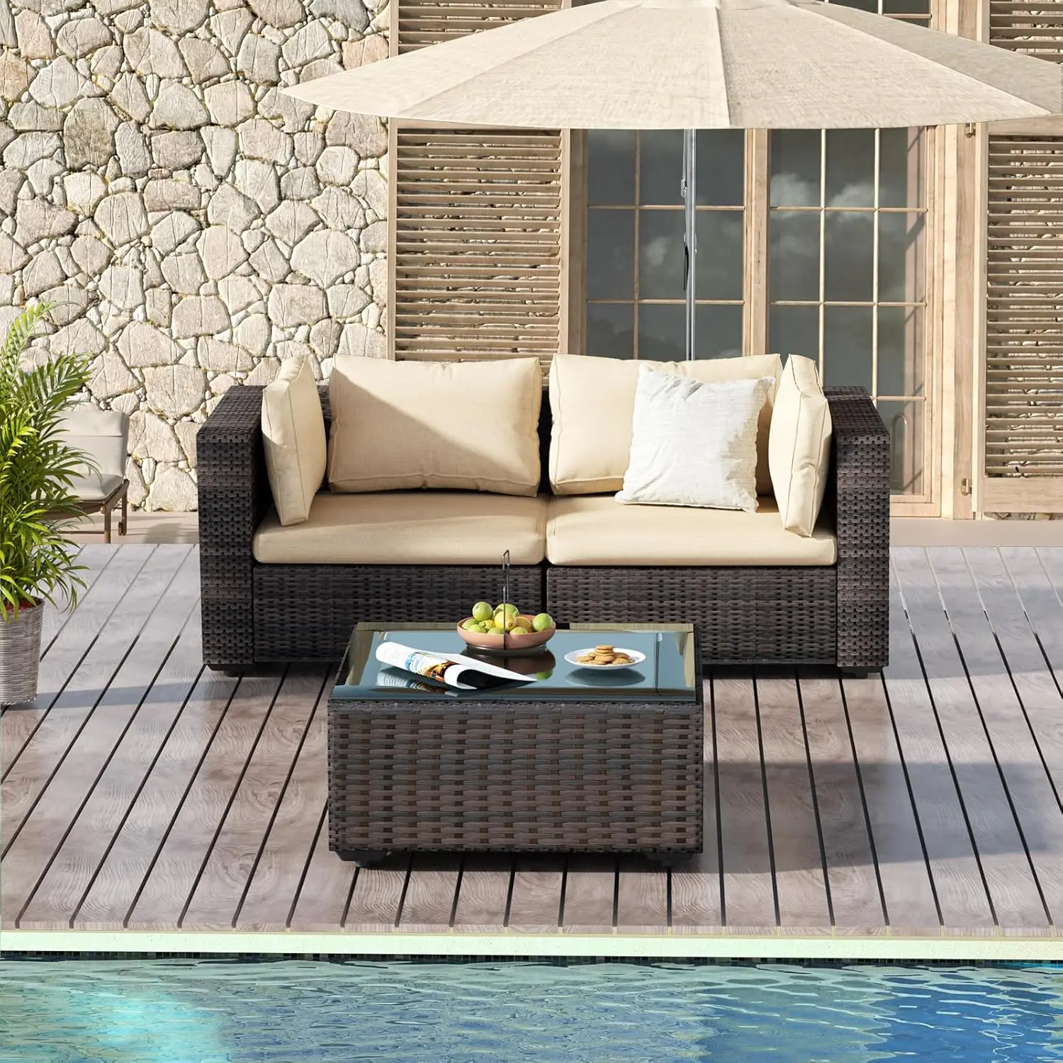 3-Piece Patio Conversation Set, All-Weather PE Rattan Indoor Outdoor Large Sectional Sofas with No-Slip Cushions & Glass Top Table, Outdoor Furniture Set for Garden, Backyard homeessentials