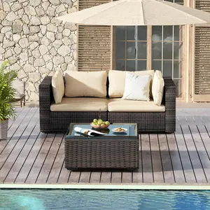 3-Piece Patio Conversation Set, All-Weather PE Rattan Outdoor Furniture Set, Sectional Sofa Couch with No-Slip Cushions and Glass Top Table for Garden, Backyard