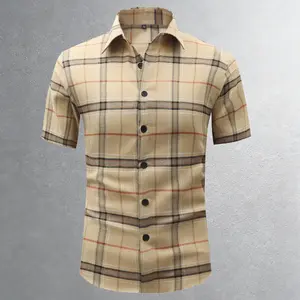 Men's plaid patchwork shirt, slim fit, short sleeves, button closure, color-block casual wear