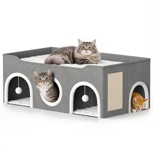 TSYPAIRS All-in-1 Extra Wide Cat House, 3 Separate Rooms Cat Condo for Multi Cats, Foldable Pet Hideaway with Scratching Board & Hanging Balls, Grey