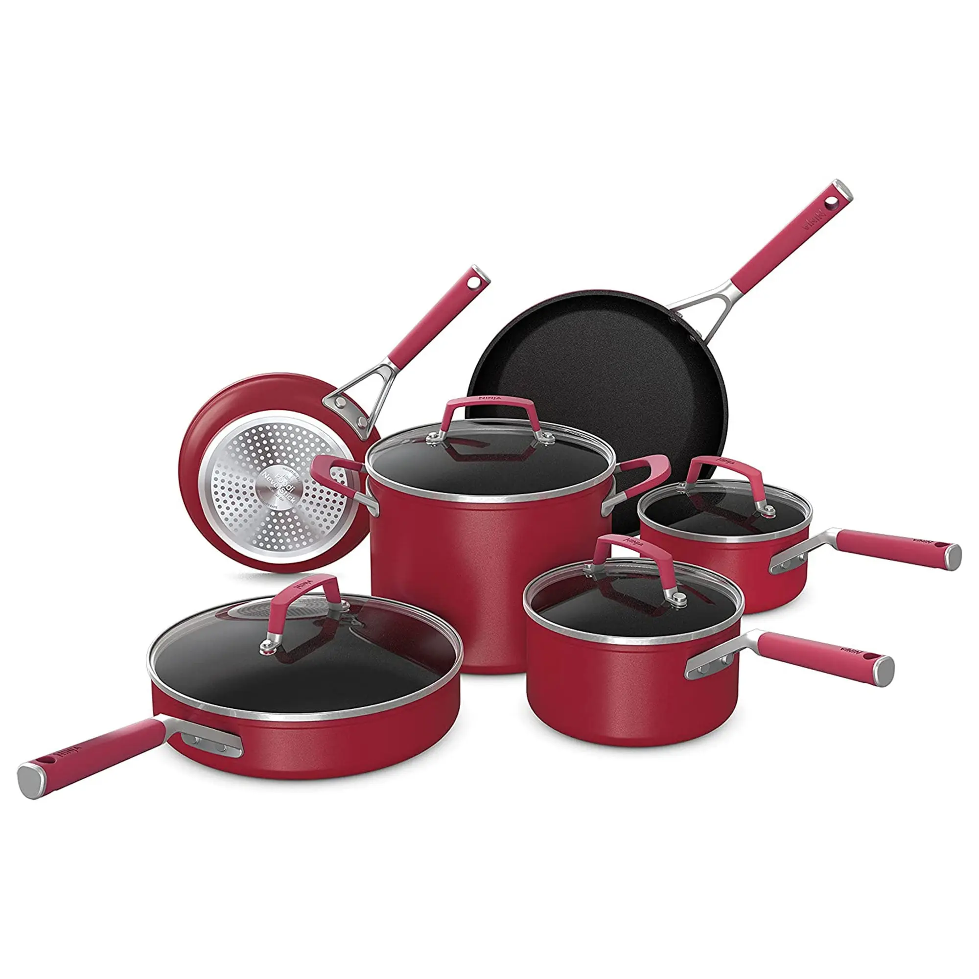 NINJA Foodi Nonstick Aluminium Cookware Set - Red, Double Riveted Silicone Handles, Oven-Safe, Stove-Compatible, Ideal for Baking & Roasting