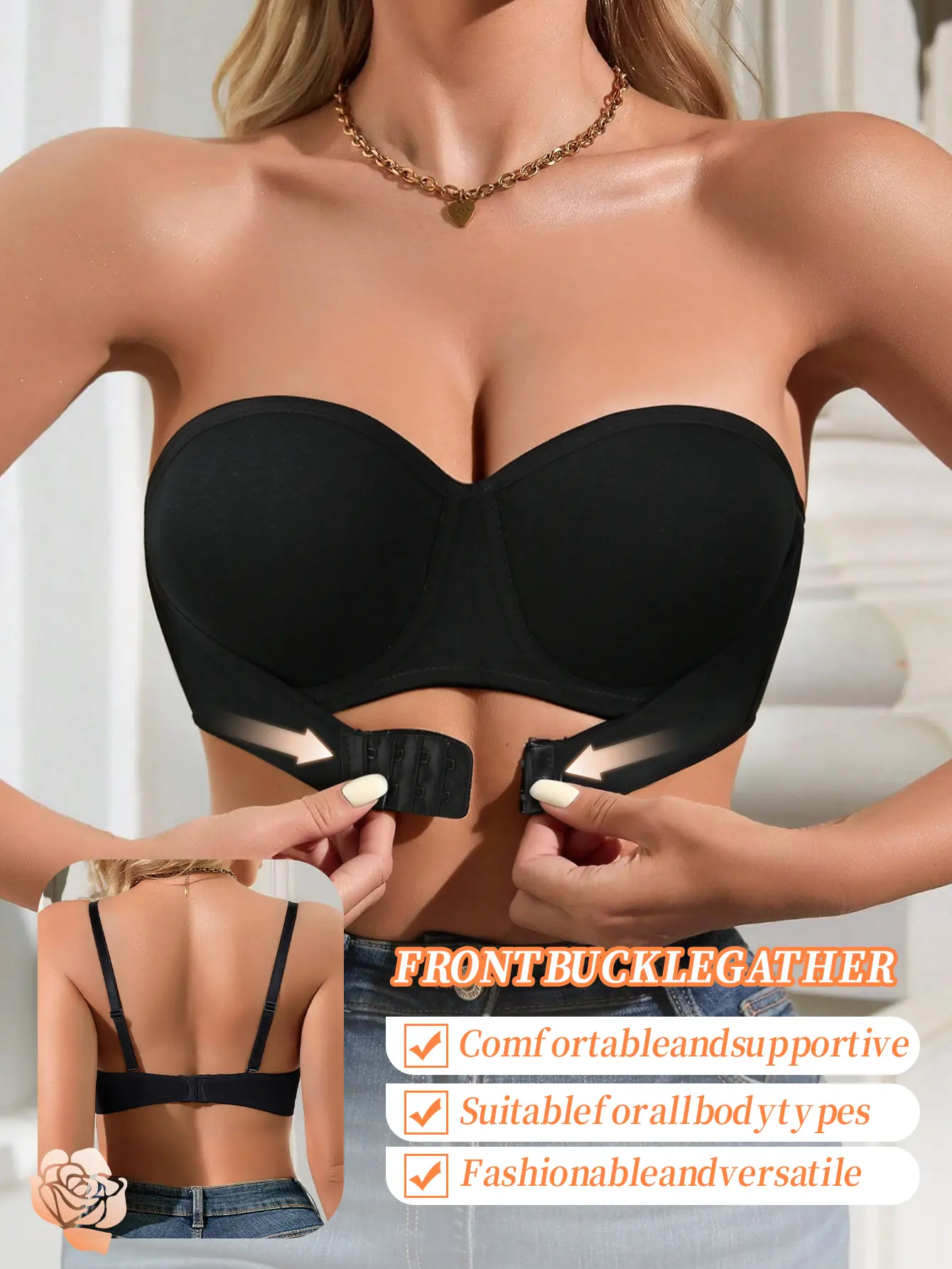 Women's Front Closure Push Up Underwire Cotton Bra, Strapless Backless Design, Seamless T-shirt Bandeau Bra, Detachable Adjustable Straps, Anti-Sag Anti-Slip Side Lift, Multiway, Comfortable, Everyday Summer Outfits, SummerWins, DealsForYouDays