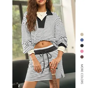 Danedvi Womens Striped 2 Piece Outfits Casual Sweatshirt Skirt Set Long Sleeve Skort Workout Set Matching Lounge Sets
