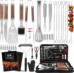 BBQ Grilling Accessories Set, 34 count Heavy Duty Grill Tools for Outdoor Camping, Grilling Gifts for Men Dad, Stainless Steel Barbecue Utensils Kit with Mats and Glove in Carrying Bag, Brown