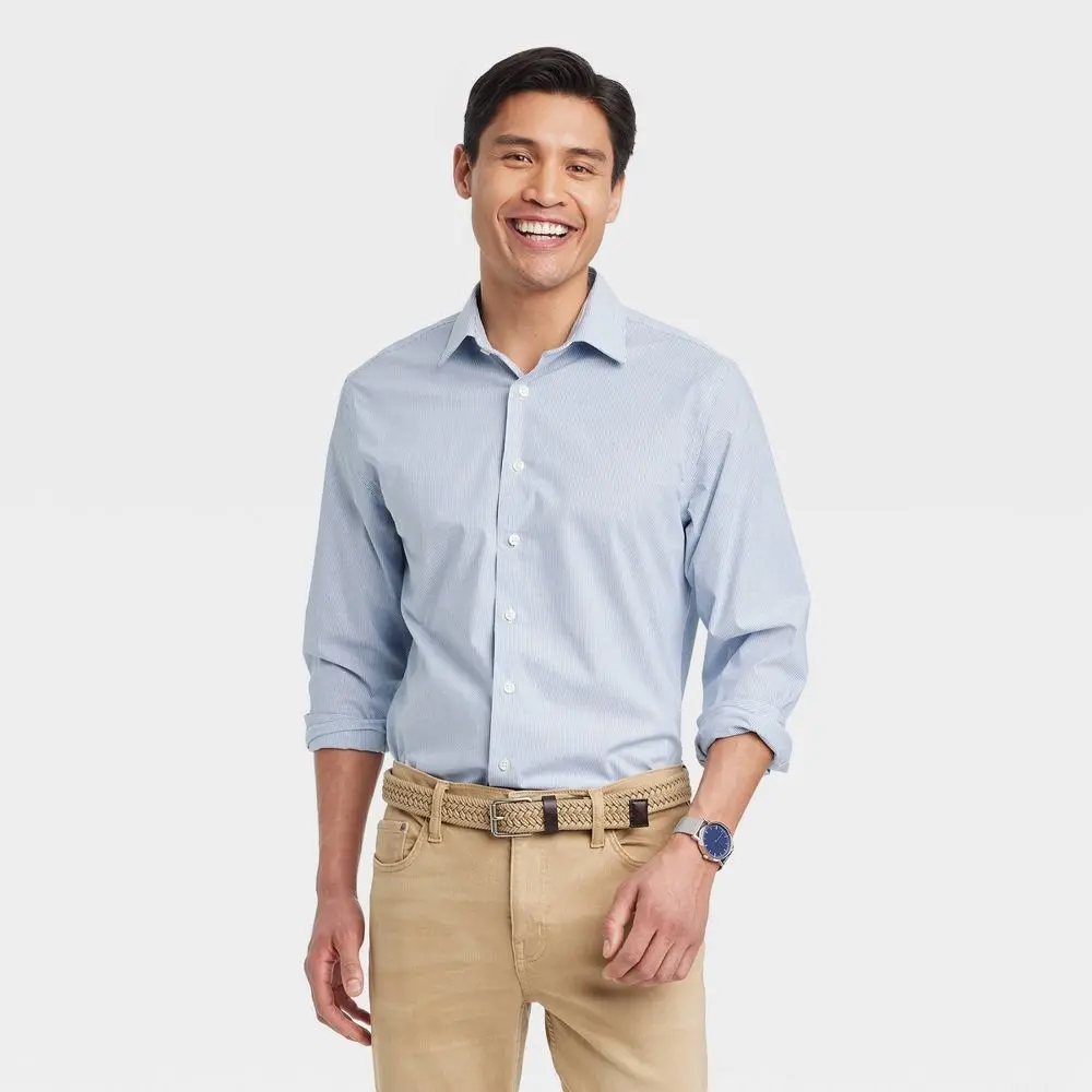 Men's Performance Long Sleeve Button-Down Dress Shirt - Goodfellow & Co Light Navy Blue M