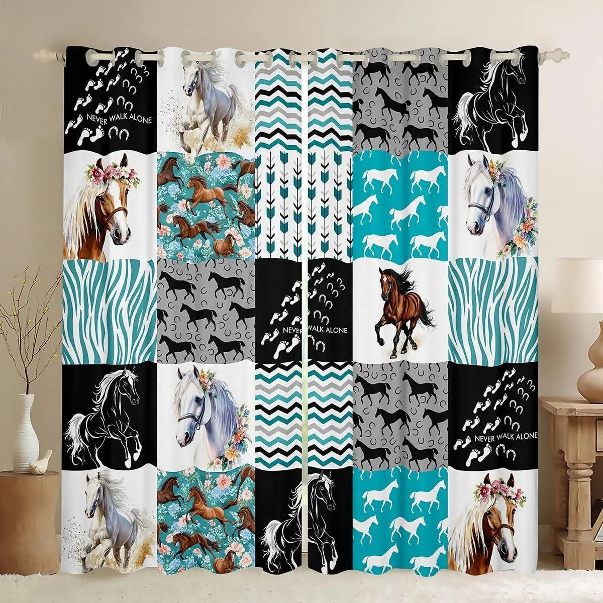Horse Window Curtains,Western Farmhouse Curtains Bedroom Living Room,Boho Arrow Teal Zebra Stripe Drapes,Rose Flower Rustic Cowboy Window Treatments Black White
