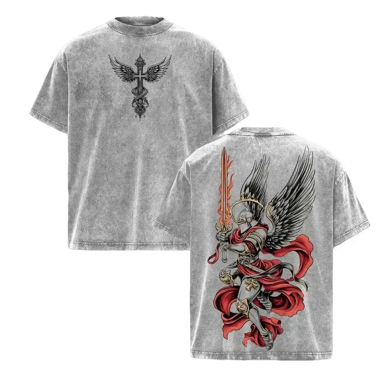 Archangel Michael Flaming Sword T-Shirt Washed, Christian Warrior Angel Graphic Tee, Armor of God Religious Shirt, Divine Justice Faith Apparel, Spiritual Battle Streetwear Christian Jesus Apparel