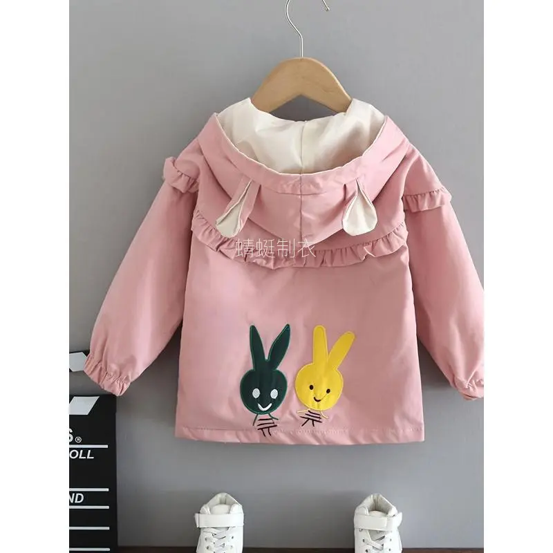 Girls' Casual Cartoon Print Coat, Hooded and Loose-Fitting in Polyester with Long Sleeves, Lace Trim, and Zip Closure, 12 Years Old And Below, Do Not Dry Clean, Hand Wash Only, Woven, Graphic, Casual Cute Outerwear, Jacket Coats