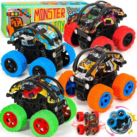 4-Pack Unisex Graffiti Pull-Back Stunt Monster Trucks - Push & Go Flip Race Vehicles, Pinata-Ready Kids Toys, Christmas Gifts for Boys, Cars Kids Classroom Prizes for 3-4 Years Old Boys