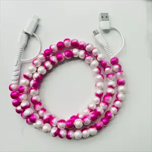 Pearl-Decorated Charging Cable - Compatible with all cellphone devices USB-C and Lightning interfaces 4-in-1 data cable, 3.3 feet in length, ideal for women for fast charging, Type C Charging, available in multiple colors, Holiday gifts
