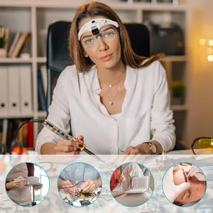 1pc Hands-Free Rechargeable LED Headband Magnifier Glass with 4 Lights & 5 Detachable Lenses (1X, 1.5X, 2X, 2.5X, 3.5X) for Crafts, Cross Stitch, Hobby