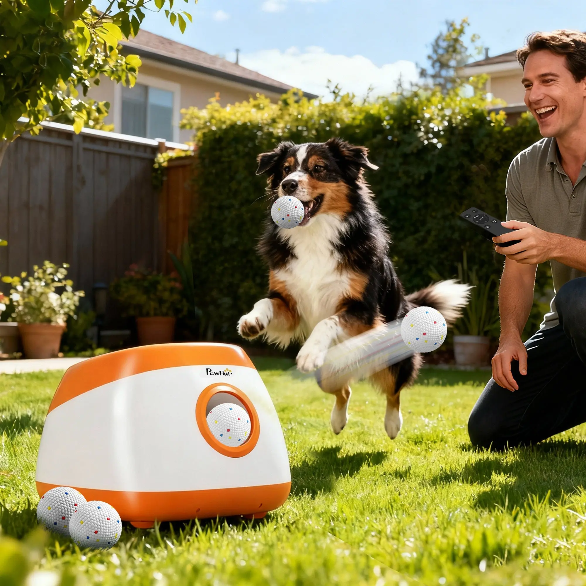 Pawhut Remote Controlled Automatic Dog Ball Launcher 26-80 FT Distance, Includes 6 ETPU Bouncy Balls