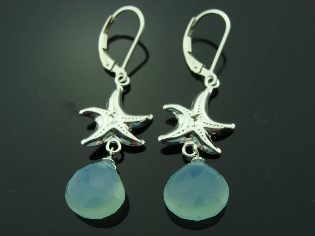 Aqua Blue Chalcedony Starfish Earrings · 925 Sterling Silver Beach Jewelry · Ocean Leverbacks · Gift for Her