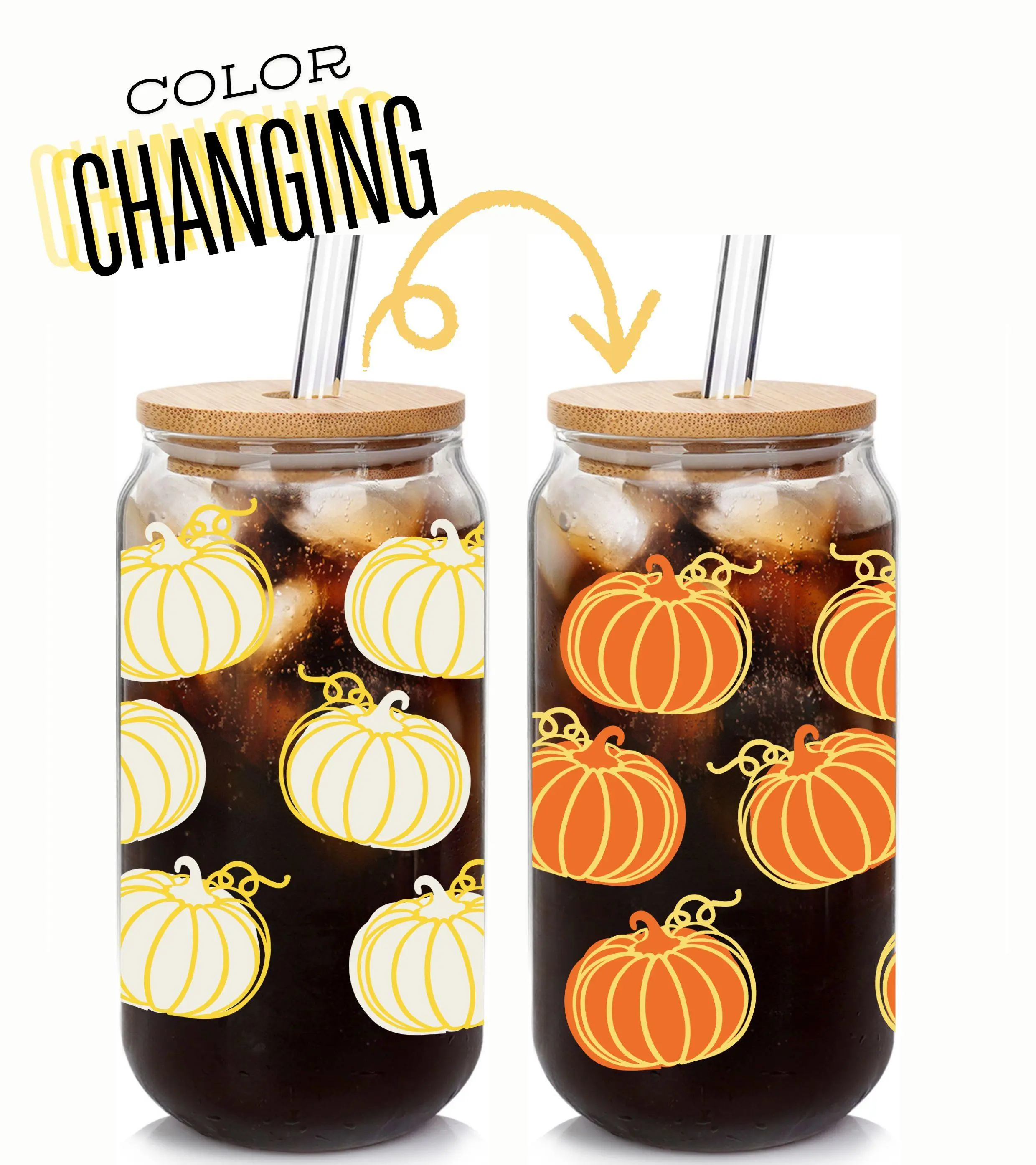 18oz Reusable Pumpkin Print Round Shape Single Cup - Washable Thanksgiving Gathering Drinkware Glass Tumbler with Bamboo Straw, Bottle Lid