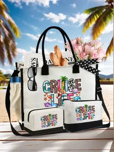 Ladies' beach tote bag set with 'Cruise Life' print, including one large tote bag and two cosmetic bags, suitable for holidays and weekend getaways, a personalized birthday gift for a friend, Lightweight Beach Bag, Handcrafted Bag, Fashion Tote Bag