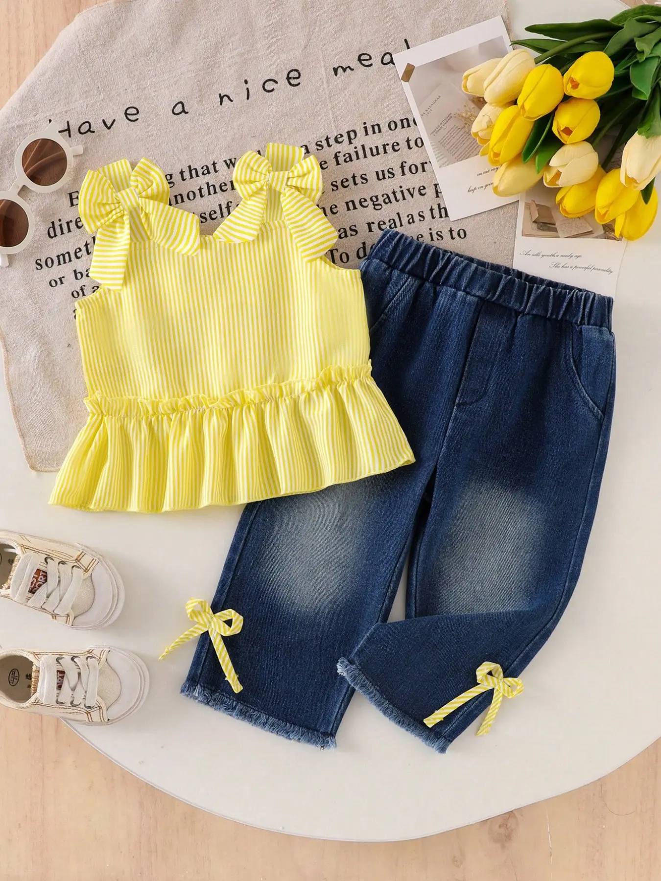 Baby Girl Sweet Fresh Cute 2-Piece Set, Baby Girl Clothes, Striped Ruffle Back Button Halter Top, Bow Design Jeans Pants, Elastic Waist