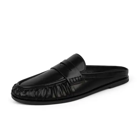 Women's Black Faux Leather Ruched Penny Loafer Mules - Slip-On & Go Backless Solid Cushioned Flats Footwear, Durable All Seasons Dressy Office Shoes for Casual Walking