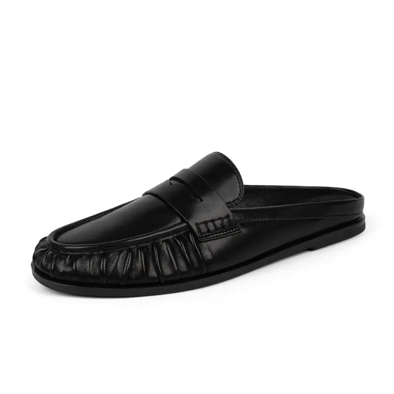 Women's Black Faux Leather Ruched Penny Loafer Mules - Slip-On & Go Backless Solid Cushioned Flats Footwear, Durable All Seasons Dressy Office Shoes for Casual Walking