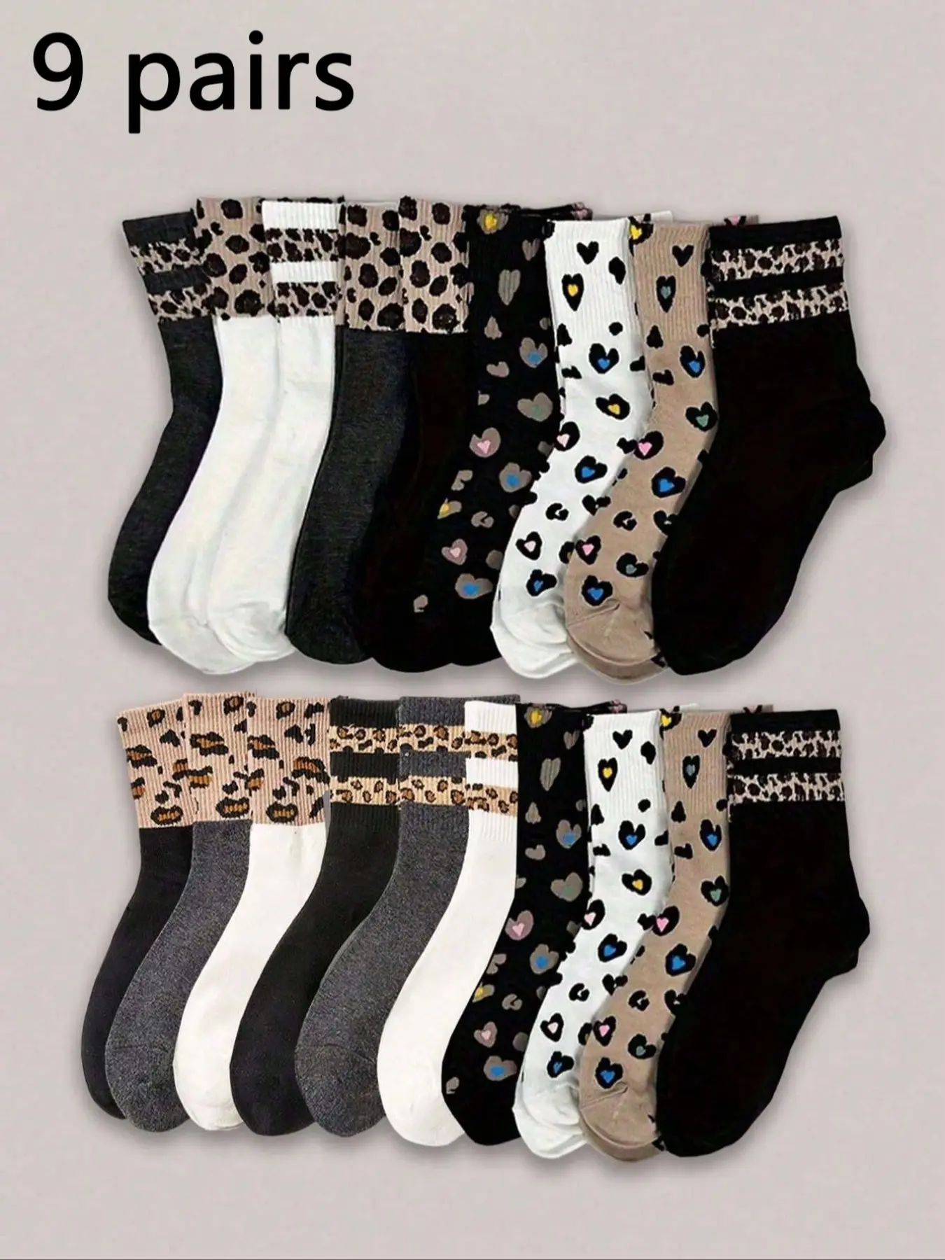 9 Pairs Women's Leopard Stripe Mid-Calf Socks, Fitted, Casual, Striped, Fashionable Comfort Soft, Soft Comfy Socks, Perfect for Daily Wear, Home, Sports, Parties, College Style, Sock Set, All Season Socks