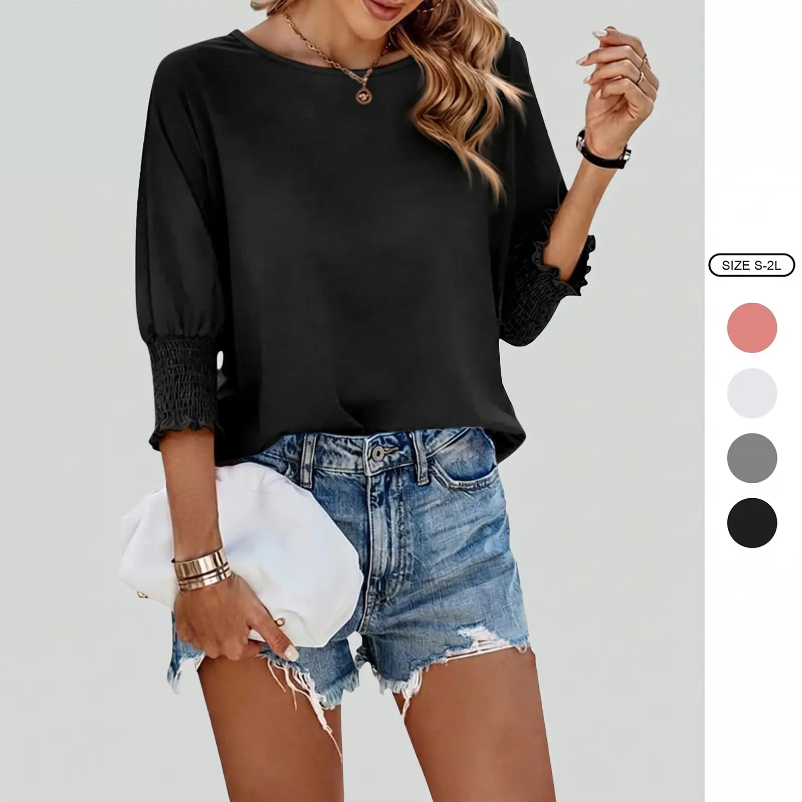 Imily Bela Women’s Tops Casual Crewneck T Shirt 3/4 Smocked Sleeve Summer Loose Fit Blouse Solid Color Tunic Shirt