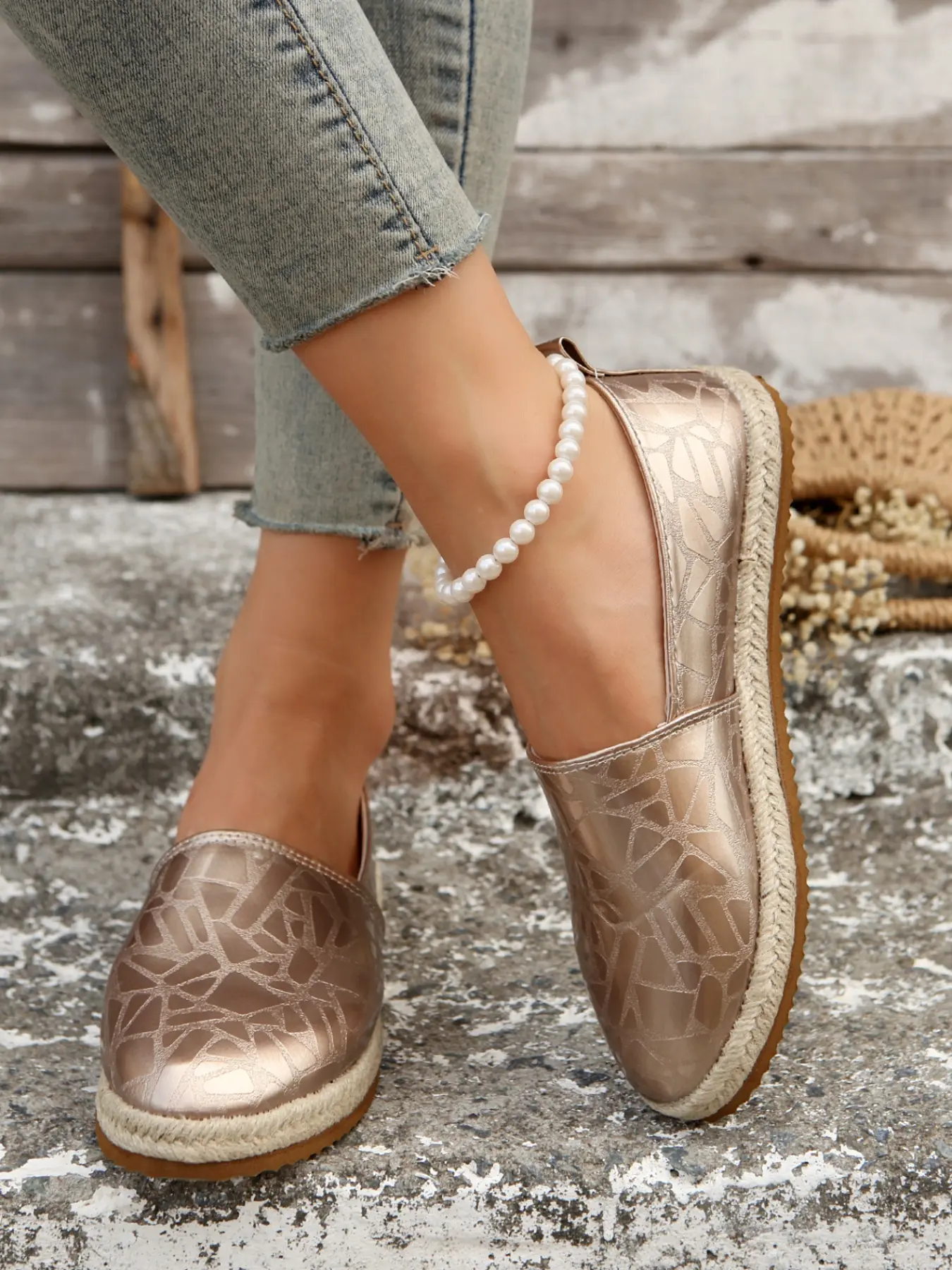 Champagne Metallic Women Slip-On Espadrilles, Comfortable Lightweight Daily Walking Shoes, Casual Trendy Shoes, Footwear
