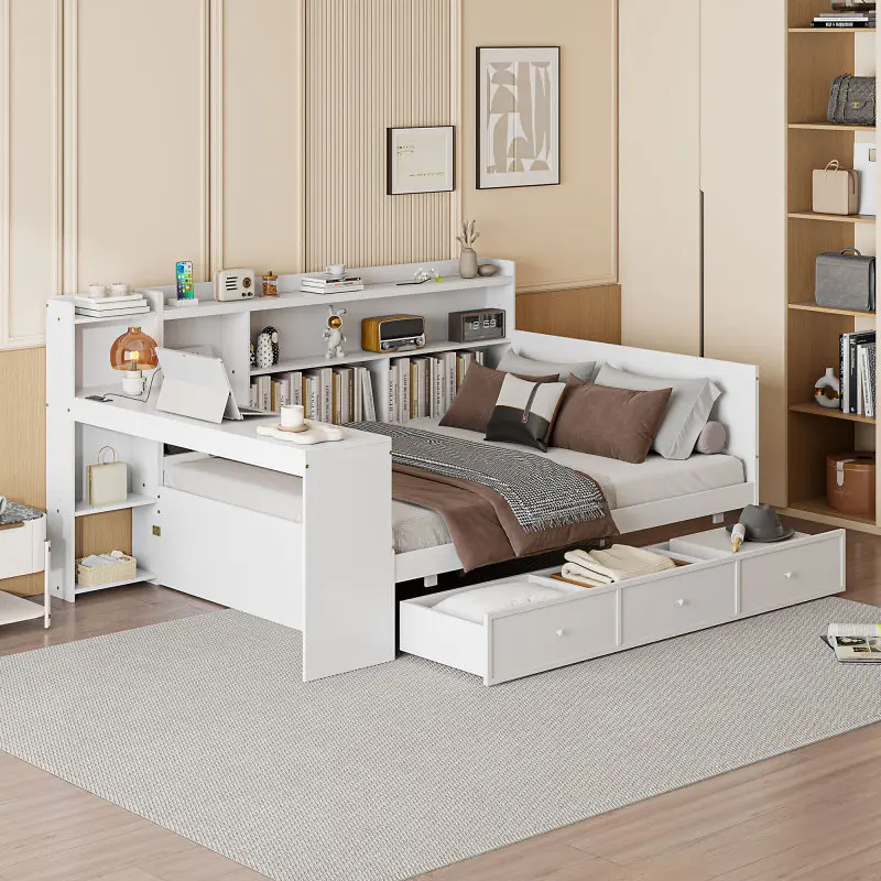 Full Size Modern Platform Daybed Frame - Solid Wood Construction, 3 Storage Drawers, Built-In USB Ports and Desk, No Box Spring Required, Modern Platform Bed