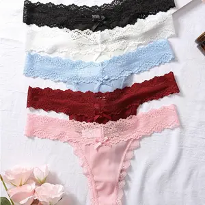 3PCS/Set Solid Contrast Lace Bow Ribbed Thongs, Comfy & Breathable Intimates Panties, Women's Lingerie & Underwear