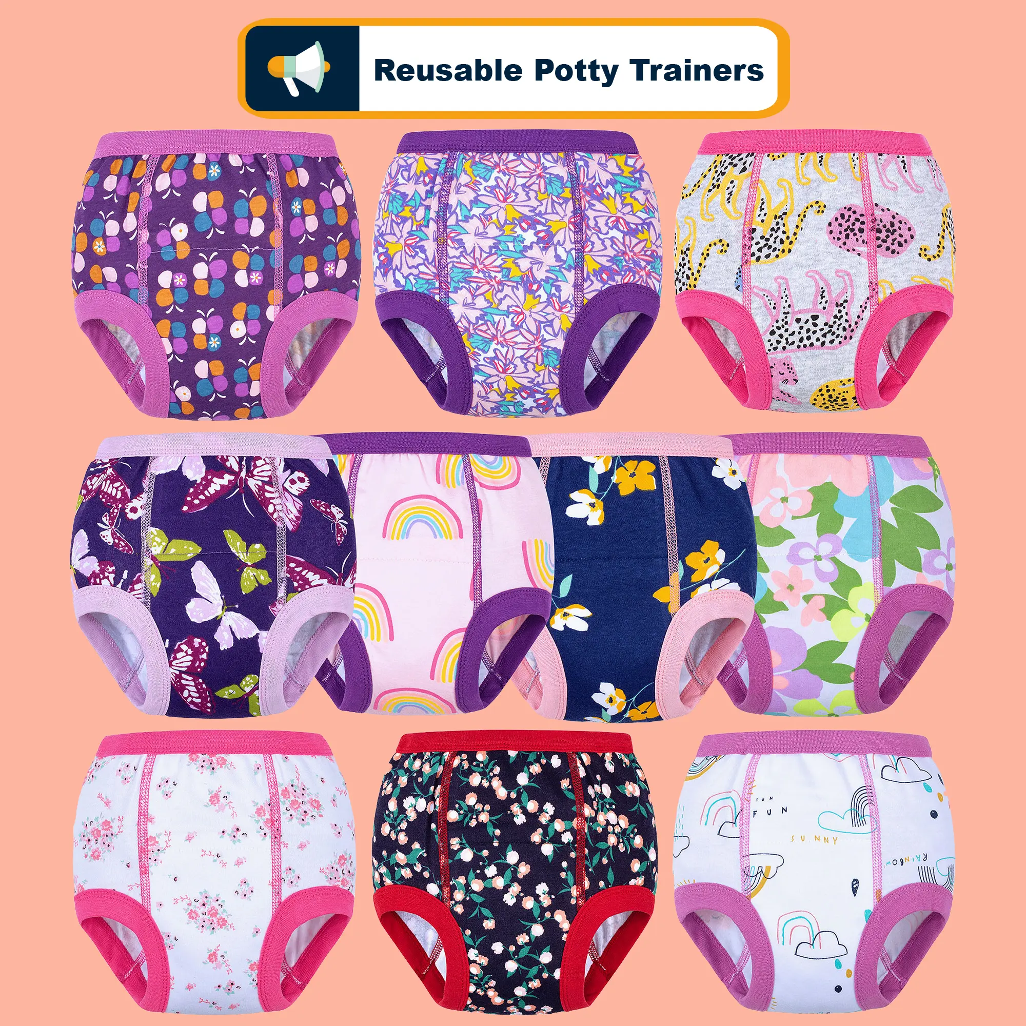 Toddler Girls' Printed Soft Cotton Inner Wear - 10 Pcs Toddler Panties, Breathable, Slight Stretch Potty Training Pants with Absorbency Liner, Garment Underwear, Under Clothing, Toddler Girl Stuff, Floral