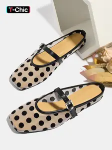 Women's Casual Polka Dot Pattern Strappy Summer Flat Sandals, Breathable Slip-On Mesh Shoes for Summer Vacation and Beach