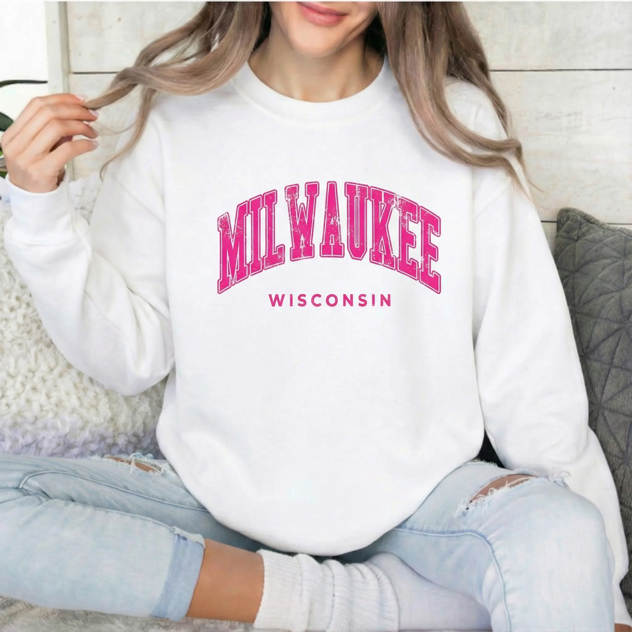 Women's Milwaukee Varsity Letter Sweatshirt, Vintage Distressed Graphic Print Pullover, Casual 100% Cotton Long Sleeve Crewneck Top