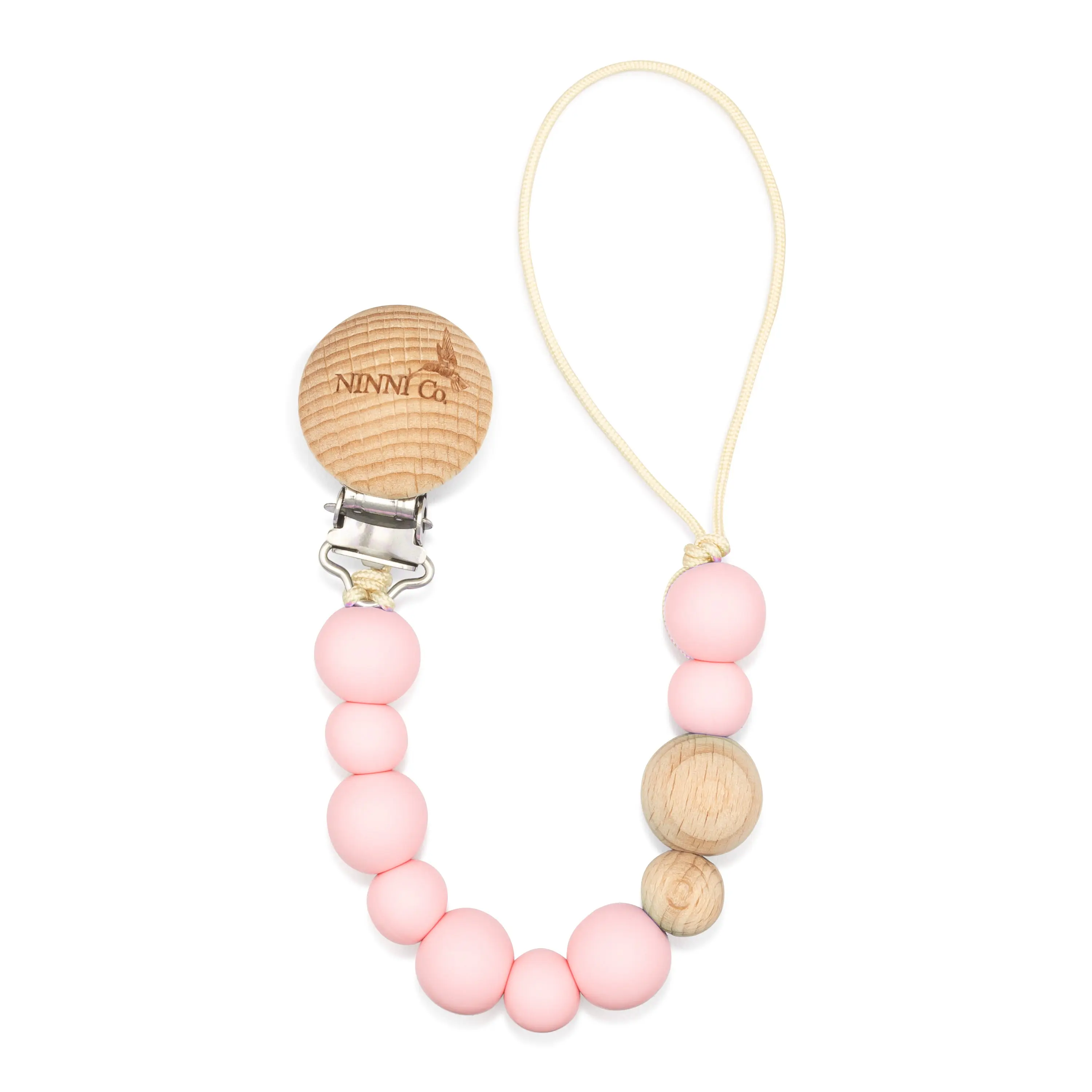 Ninni Co Rosebud Pink Pacifier Clip BPA-Free Silicone Pacifier Holder with Wooden Clip