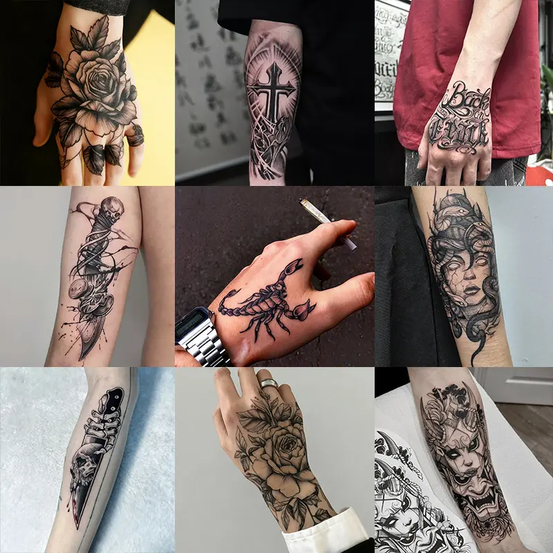 9 large herbal-themed temporary tattoo stickers, including designs with cross elements and more, lasting 7-15 days, waterproof and abrasion-resistant, realistic effect, suitable for those who are afraid of pain and don't want a real tattoo.